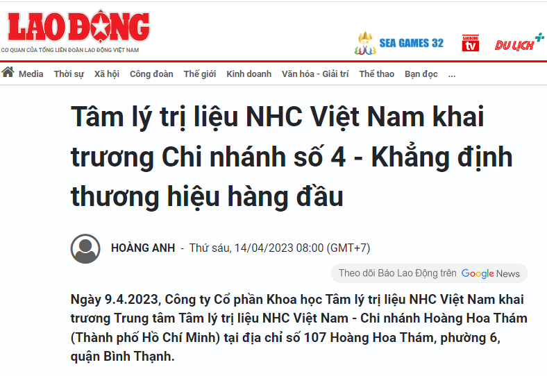 [Lao Động] Tâm lý trị liệu NHC Việt Nam khai trương Chi nhánh số 4 - Khẳng định thương hiệu hàng đầu