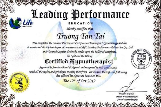 Chứng chỉ HYPNOTHERAPIST – Nhà thực hành thôi miên trị liệu – cấp bởi Hiệp hội thôi miên Hoa Kỳ